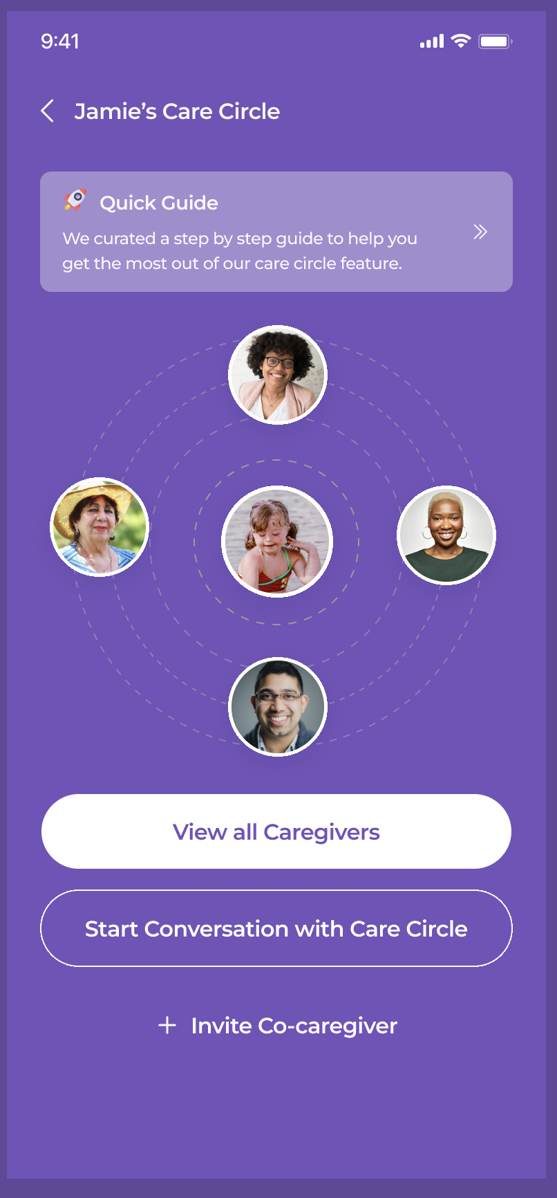 Care Circle prototype showing the caregiver network and options to start a conversation or invite a co-caregiver