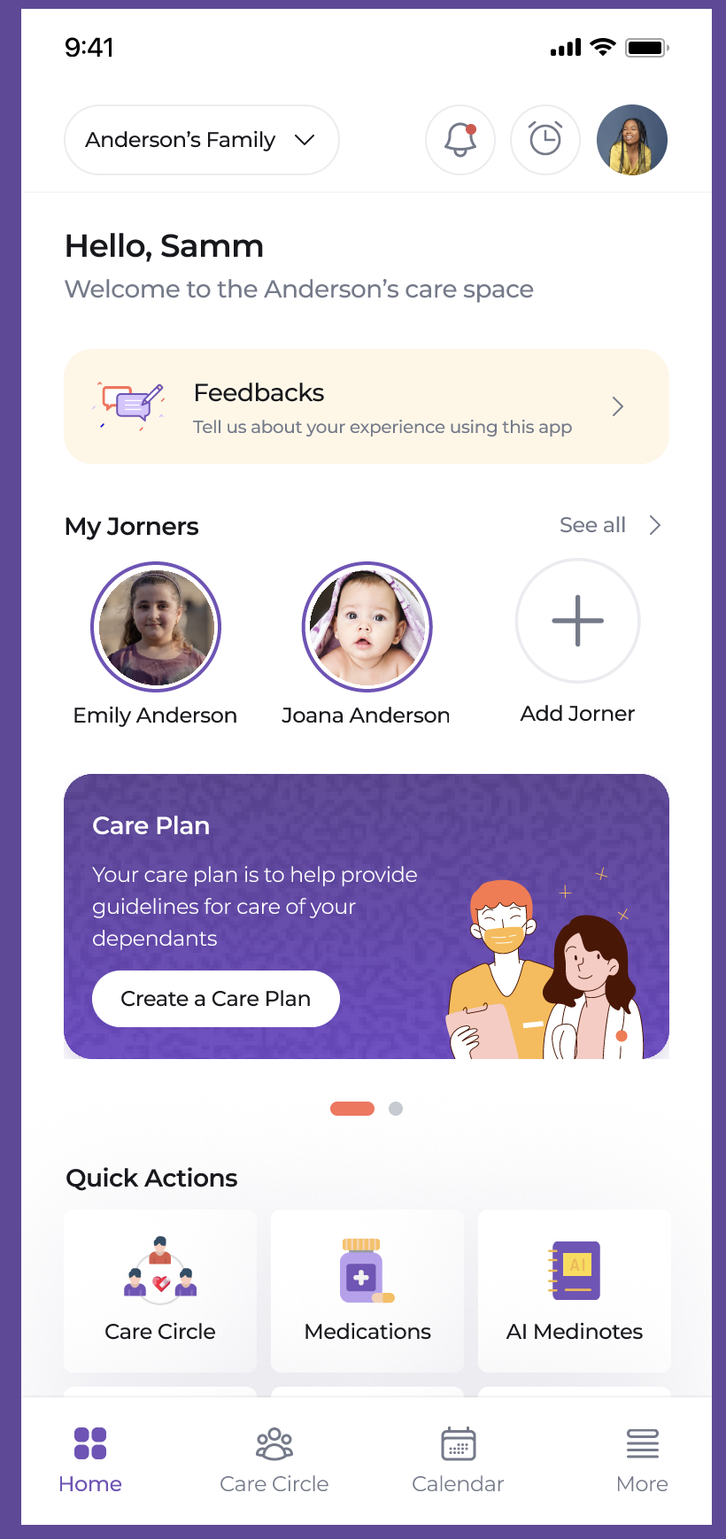 Sojorne caregiver app dashboard prototype